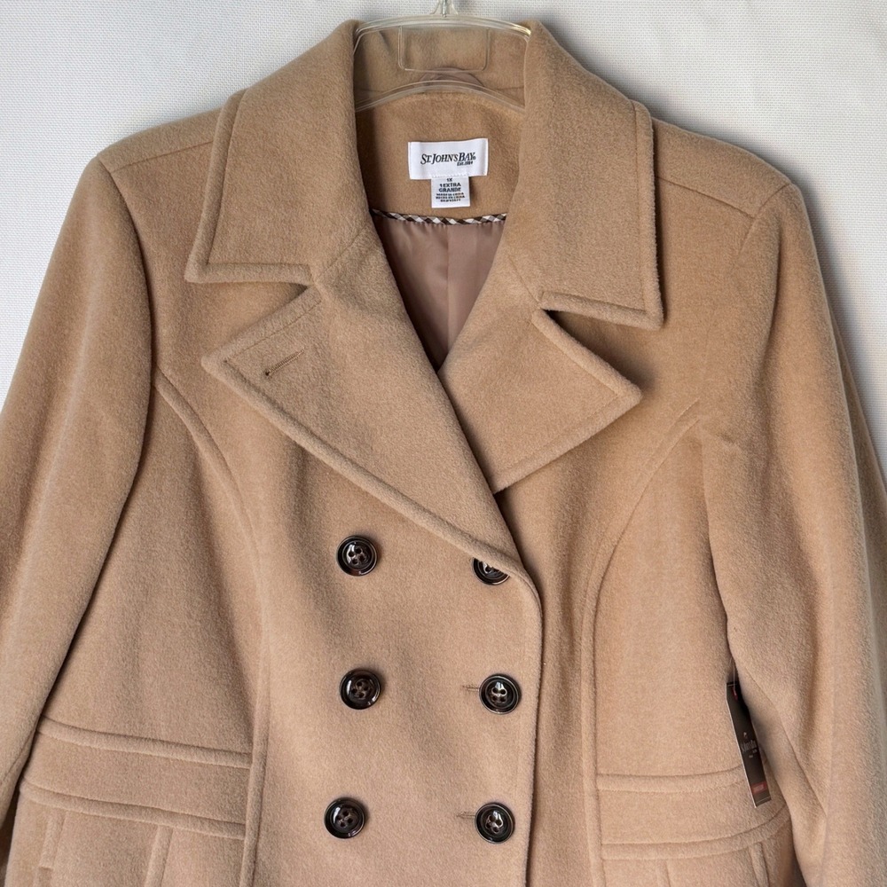 Cashmere Wool Womens Camel Pea Coat Size 1X Quiet Luxury Money Chic St Johns Bay - Picture 3 of 14